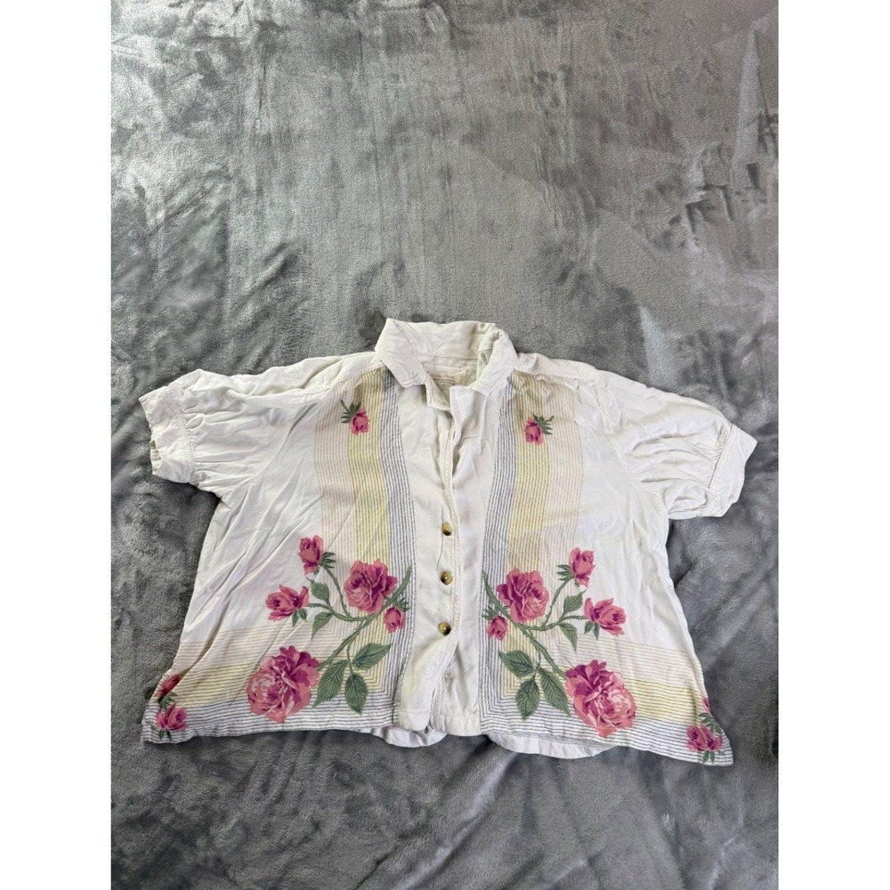 We The Free Roses Festival Blouse Womens M White Floral Puff Sleeve Gathered
